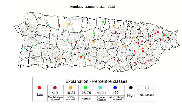 28-day average streamflow conditions across Puerto Rico, according to U.S. Geological Survey streamgages. As of January 31, 2022, most streamflows in Puerto Rico are running well below normal.