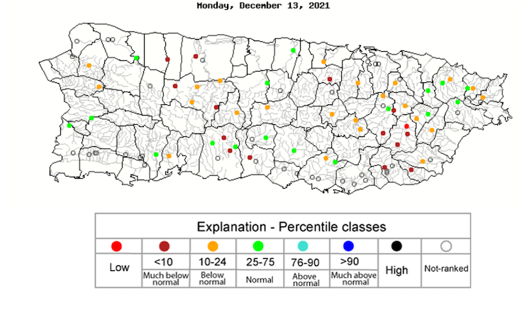 28-day average streamflow conditions across Puerto Rico, according to U.S. Geological Survey streamgages. As of December 13, 2021, most streamflows in Puerto Rico are running well below normal.