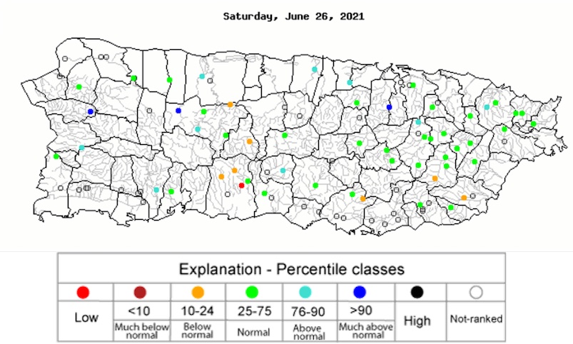 28-day average streamflow for Puerto Rico, as of June 26, 2021. Most streamflows are running near normal.