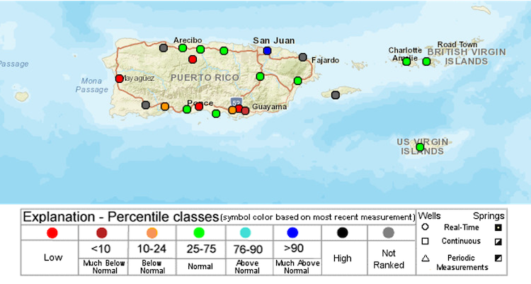 Groundwater levels for the U.S. Virgin Islands and Puerto Rico from the U.S. Geological Survey network.  Several wells across southern Puerto Rico are in critical conditions with values much below normal.