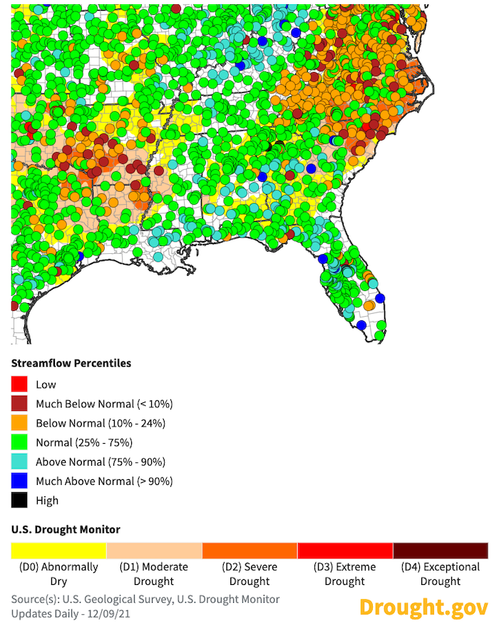 Real-time streamflow conditions for the Southeast from the U.S. Geological Survey, as of December 8, 2021.