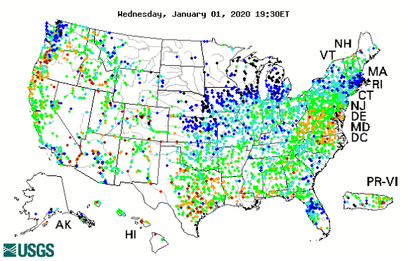 Animation showing real-time streamflow compared to historical streamflow shown in 14-day intervals for 2020.