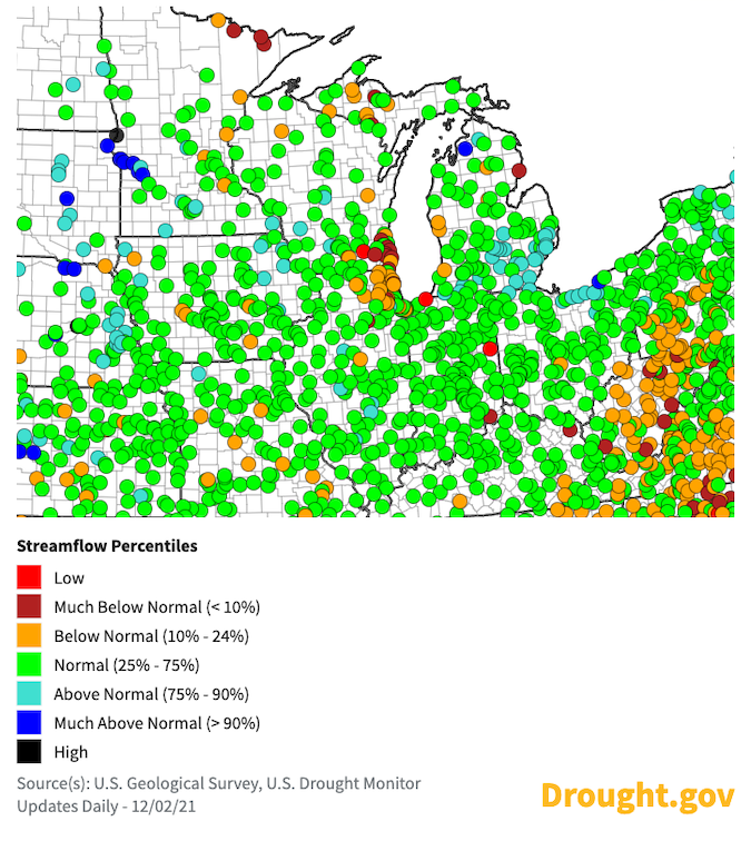 Real-time streamflow conditions for the Midwest  from the U.S. Geological Survey compared to historical streamflow conditions for December 2, 2021. Surface streamflow is below to much-below normal in portions of the Upper Midwest that are experiencing drought, primarily around northern Illinois, northern Minnesota, and the Upper Peninsula of Michigan.