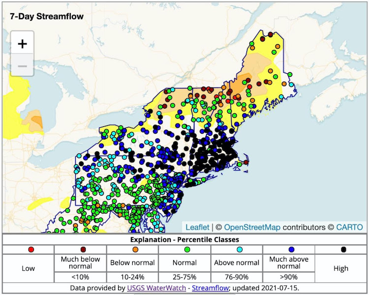 7-day average streamflow conditions for the Northeast U.S. as of July 15, 2021. Streamflows are normal to much above normal across most of the region, but parts of northern New Hampshire and Vermont and parts of Maine are below normal.