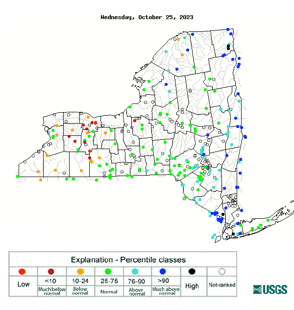 28-day average streamflows are below normal at several sites in far-western New York, where drought and dryness persist.