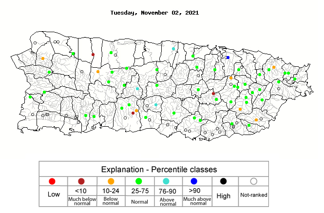 28-day average streamflow for Puerto Rico, as of November 2, 2021. Most streamflows are now running at normal or above-normal levels 