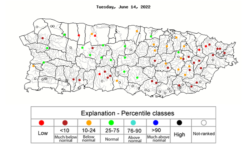 28-day average streamflow conditions across Puerto Rico, according to U.S. Geological Survey streamgages.