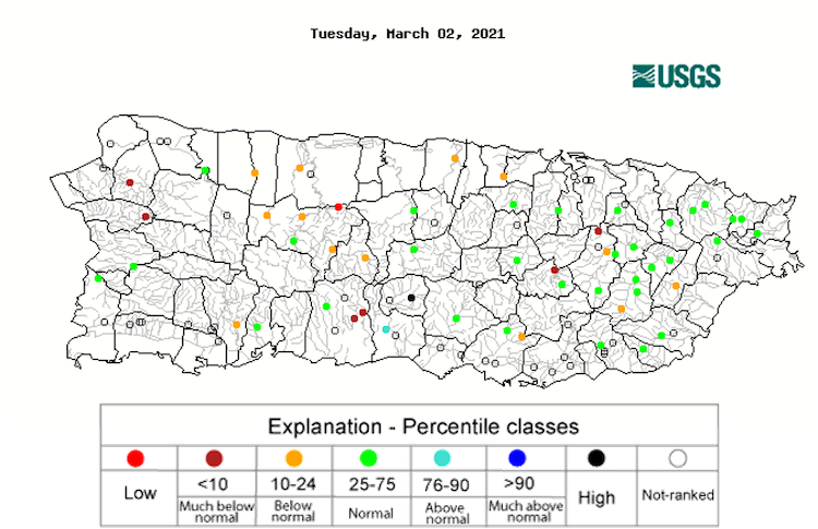 28-day average streamflow levels for Puerto Rico. Shows most streamflows running at normal levels, with some below normal in central and west Puerto Rico.