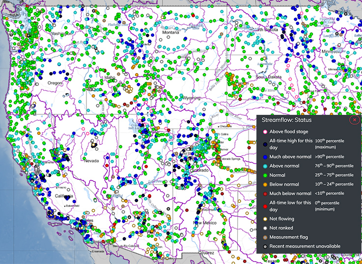 Real-time streamflow is generally normal across the West with some above/much above normal conditions in central and southern California, central Oregon, N Idaho, and central Utah.