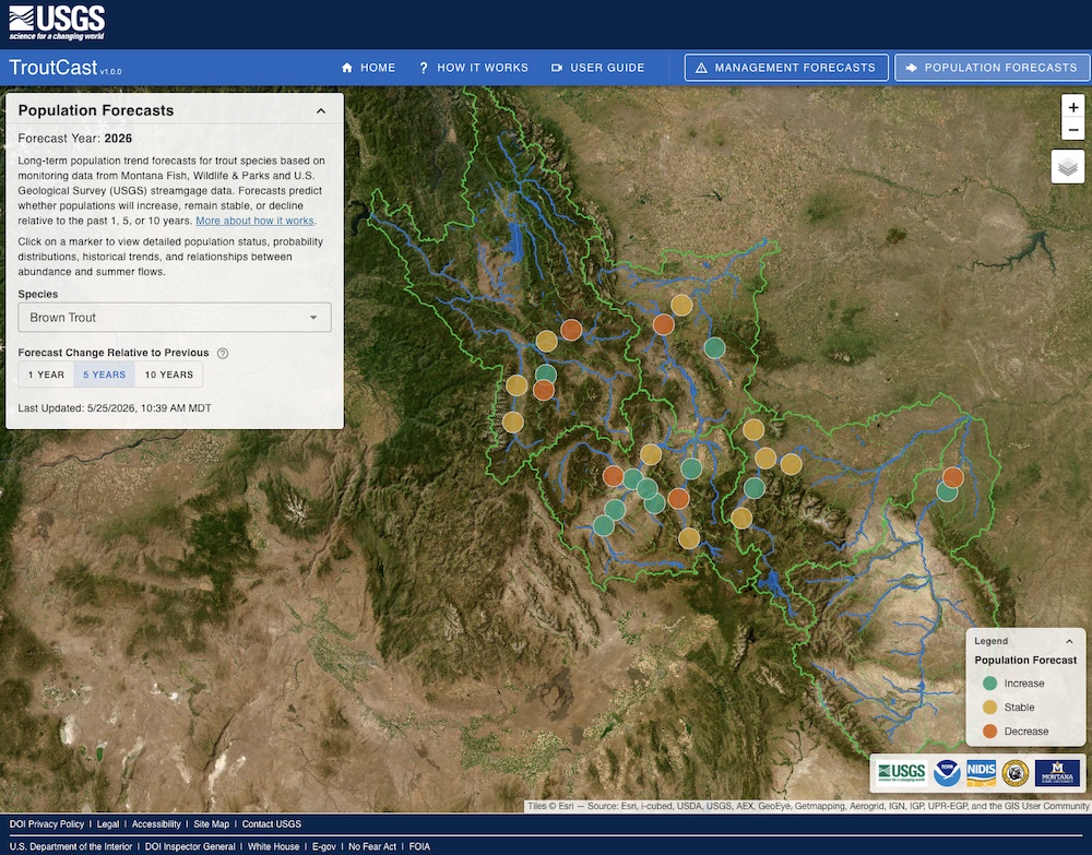 Screenshot of TroutCast, showing an interactive map with colored dots representing trout population forecasts across Montana's rivers. Users can select a fish species and a time period to compare the forecast to.