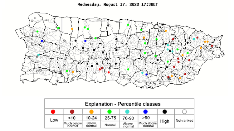 28-day average streamflow conditions across Puerto Rico, according to U.S. Geological Survey streamgages.