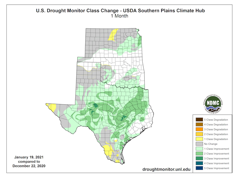 U.S. Drought Monitor change map for the Southern Plains Climate Hub region, showing the change from December 22, 2020 to January 19, 2021. Large parts of Texas and southern Oklahoma saw 1-3 class improvements, while areas in the western and southern tip Texas saw degradation.