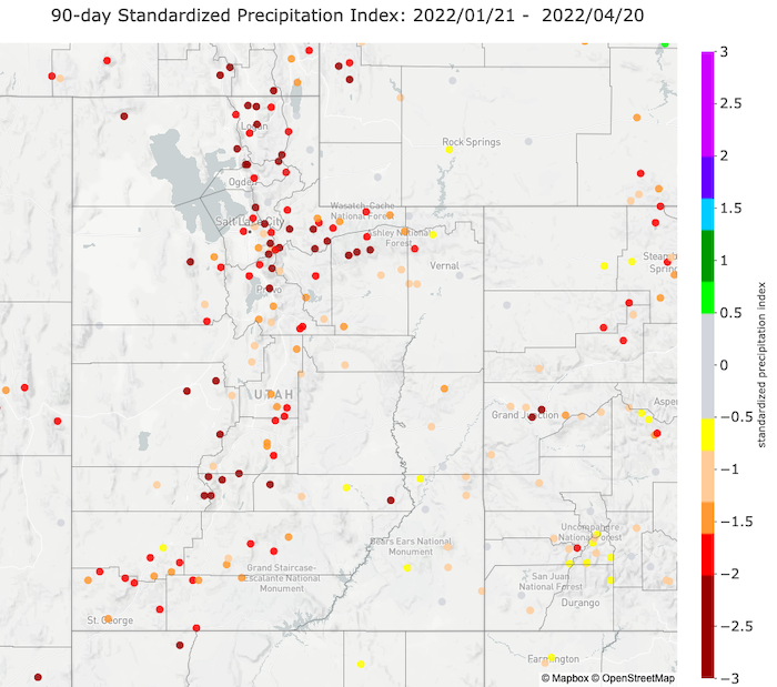 The last 90-day period is historically one of the wettest periods of the year, however precipitation across the region failed to fall with most locations seeing -1.5 to -2.5 standard deviations below normal precipitation. This translates to roughly the driest 5%-10% of precipitation for the 90-day period.