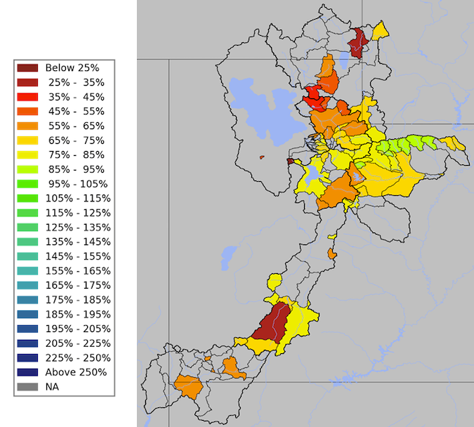 April-July Streamflow volume forecasts as a percent of normal. 