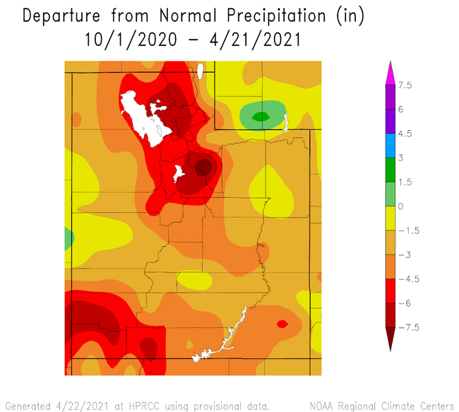 Precipitation anomalies for the water-year-to-date (October 1, 2020 – April 21, 2021) showing very much below average precipitation for northern and southwestern Utah.