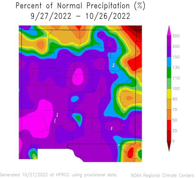 Precipitation through October was split with the western half of the state experiencing very-much above average precipitation while the eastern border of the state had below average precipitation.