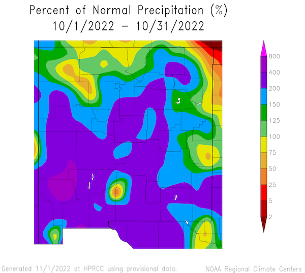 Precipitation through October was split with the western half of the state experiencing very-much above average precipitation while the eastern border of the state had below average.