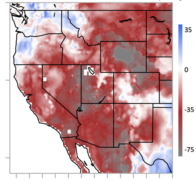 Map of the western US showing rootzone soil moisture percentiles between 1 December 2020 to 22 February 2021 compared to the same period one year ago. The data shows a drop by 35 to 75 percentiles for most of the western US. 