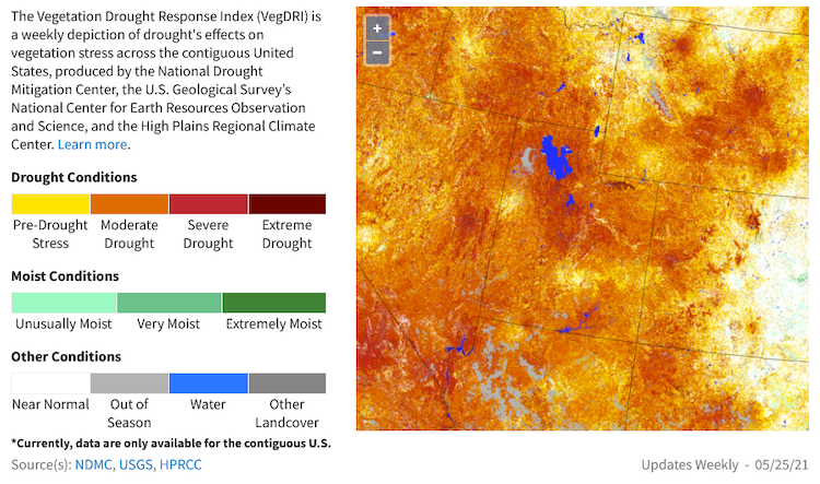 VegDRI index showing drought's effects on vegetation stress for Utah. Valid May 25, 2021.