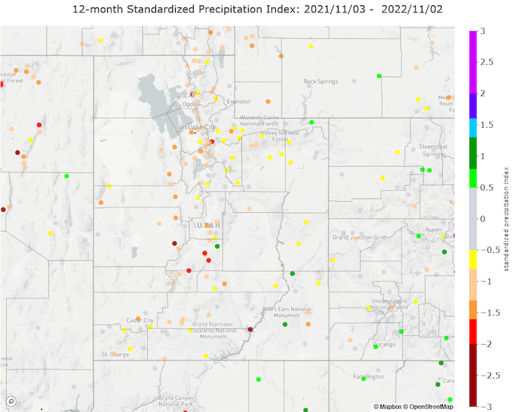 12-month Standardized Precipitation Index values show long-term drought conditions across much of Utah.