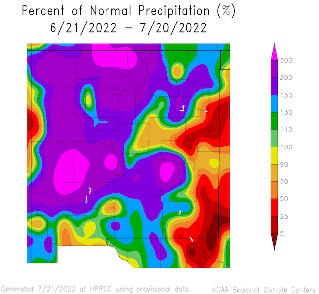 From June 21 to July 20, Western New Mexico has been relatively wet, with greater than 200% of normal precipitation for this time of year. However, the plains of eastern New Mexico have not seen the monsoon precipitation and have less than 50% of normal precipitation for this time of year.