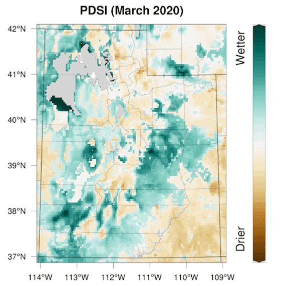 volution of PDSI since March 2020.  Dark brown indicates PDSI < -3.5, in the severe category. 