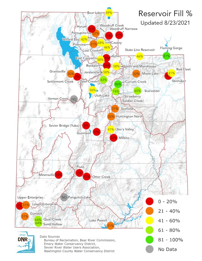 Reservoir fill percentage for Utah as of August 23, 2021. Several reservoirs are in the 0%–20% (low) range, with the majority between 0% to 60%.