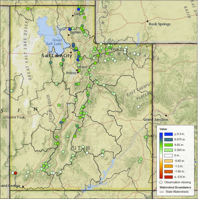 Change in SNOTEL observed snow water equivalent values between February 1 and February 23. 