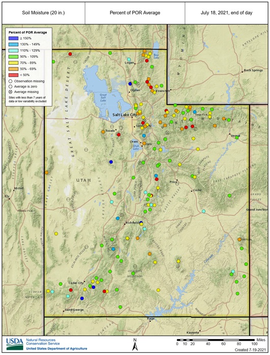 Utah soil moisture (20 inches) as a percent of average, as of July 18, 2021. 20-inch soil moisture observations from across the state demonstrate the north-south split in precipitation patterns as monsoon rainfall impacts the south but have mostly failed to reach the north.