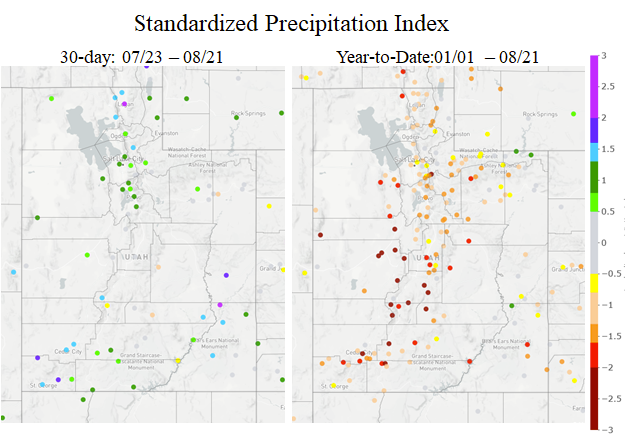 Standardized Precipitation Index (SPI) for Utah for the past 30 days and for 2022 year to date.
