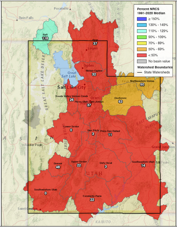 SNOTEL snow water equivalent as percent of the Natural Resources Conservation Service 1991-2020 median for Utah's basins.