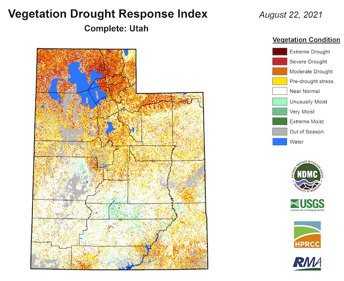 egDRI index for Utah showing the impact of the active monsoon season to southern Utah’s vegetation conditions while northern Utah remains further into drought stress conditions. 