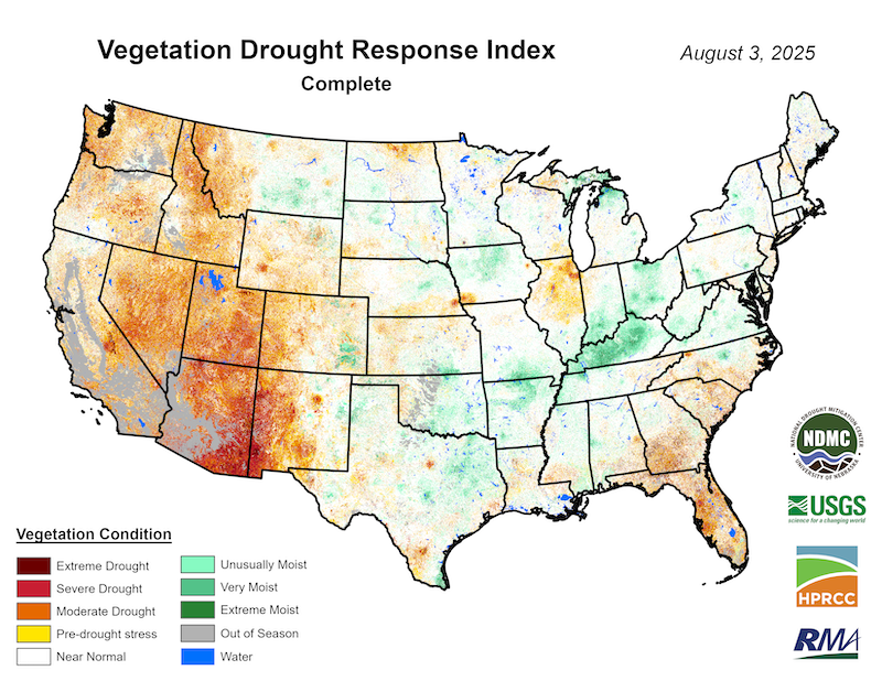 Vegetation is dry and stressed across the West, but particularly in Arizona and western New Mexico. Vegetation is also dry in the Southeast U.S.