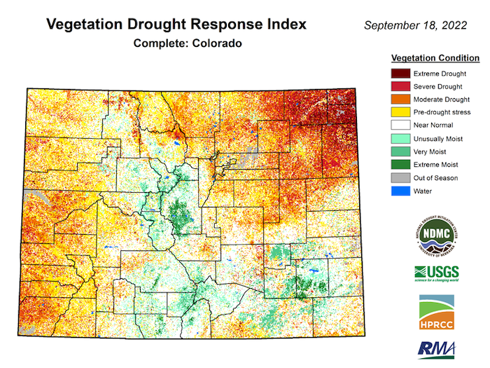 The Vegetation Drought Response Index, which measures vegetative stress, shows that northeastern Colorado is experiencing extreme drought conditions.