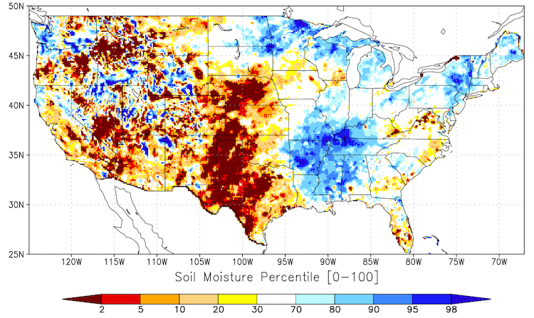 Map of the contiguous U.S. showing the top 1-meter soil moisture percentile for the past month, through April 23, 2022.  Soil moisture is well below normal in Kansas and Nebraska, as well as parts of Colorado, Wyoming, and Montana.