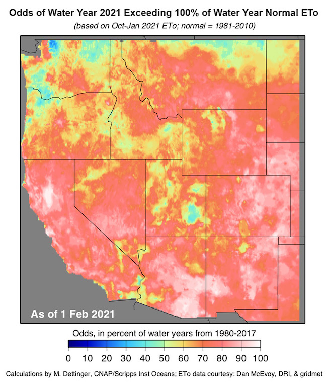 Odds of exceeding 100% of normal evaporative demand (ETo) for the western U.S. Much of the western U.S. (especially the southwestern U.S.) has high odds of surpassing normal ETo for the water year.