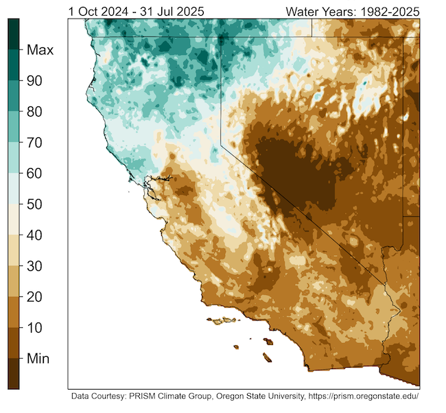 The figure shows a map of the percentile of climatological precipitation for October 1, 2024–July 31, 2025 (water year to date, or WYTD), compared to historical conditions (Water Years 1982-2025). The northwestern corner of the region is above the 50th percentile while lowest values (<10th percentile) is prevalent across western/central to central to southern Nevada.