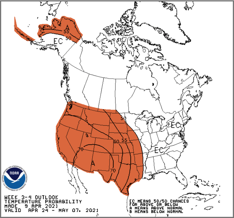 Climate Prediction Center 3-4 week temperature outlook, valid for April 24 - May 7, 2021. Odds favor equal chances of above-, below-, or near-normal temperatures across the Northeast.
