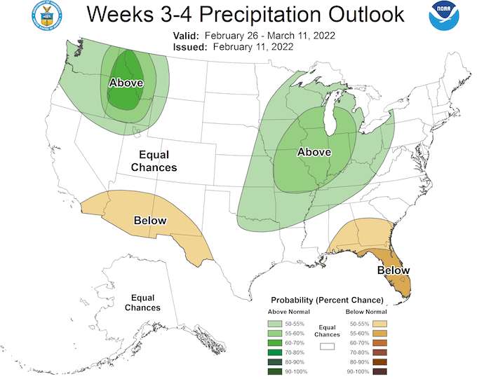 Climate Prediction Center week 3-4 precipitation outlook for the U.S., from February 26 to March 11, 2022. Odds favor equal chances of above or below normal conditions, except in far-western New York.