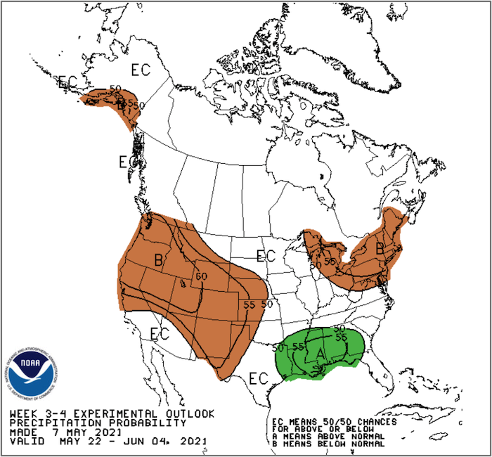 Climate Prediction Center 3-4 week precipitation outlook, valid for May 22 - June 4, 2021. Odds favor below-normal precipitation across the region.