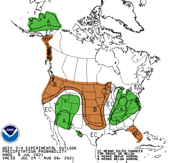 Climate Prediction Center week 3-4 precipitation outlook for the U.S., from July 24 to August 6, 2021. Odds favor above-normal precipitation for wester New York, with equal chances of above, below, and near normal conditions in the rest of the Northeast.