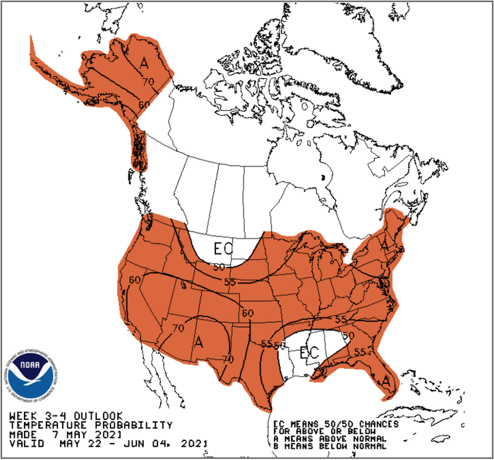 Climate Prediction Center 3-4 week temperature outlook, valid for May 22 - June 4, 2021. Odds favor above-normal temperatures across the region.