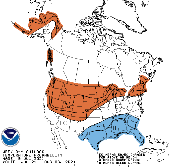 Climate Prediction Center week 3-4 temperature outlook for the U.S., from July 24 to August 6, 2021. Odds favor above-normal temperatures throughout most of the Northeast.