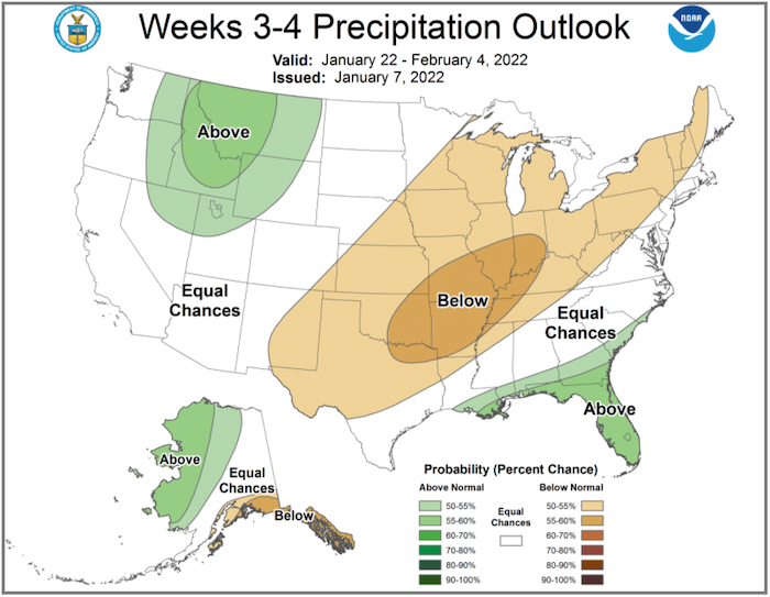 Climate Prediction Center week 3-4 precipitation outlook for the U.S., from January 22–February 4, 2022.