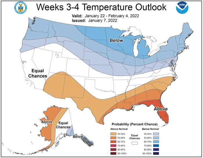 Climate Prediction Center week 3-4 temperature outlook for the U.S., from January 22–February 4, 2022.
