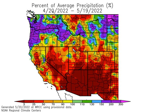 From April 20 to May 19, precipitation across the Southwest has been below average, with some areas less than 5% of average in southern Utah.