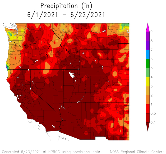 Month-to-date precipitation totals through June 22, 2021. Most of Utah and Arizona have received 0 inches of precipitation so far this month.