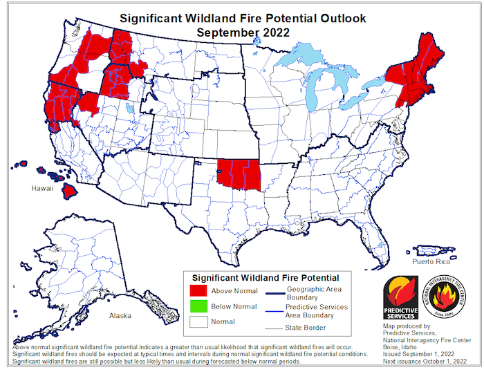 The Significant Wildland Fire Potential Outlook for September 2022 shows that significant wildland fire potential is not elevated across the Missouri River Basin.