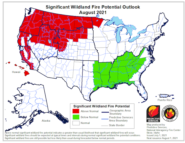 Significant Wildland Fire Potential Outlook for August 2021, which shows above normal fire potential along the California coast, parts of northeast to east-central California, and northern Nevada.