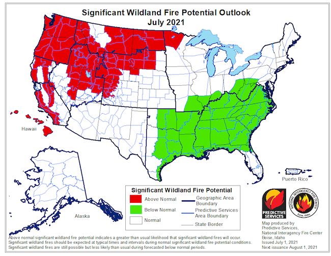 Significant Wildland Fire Potential Outlook for July 2021, which shows above normal fire potential along the California coast, parts of northeast to east-central California, and parts of eastern Nevada.